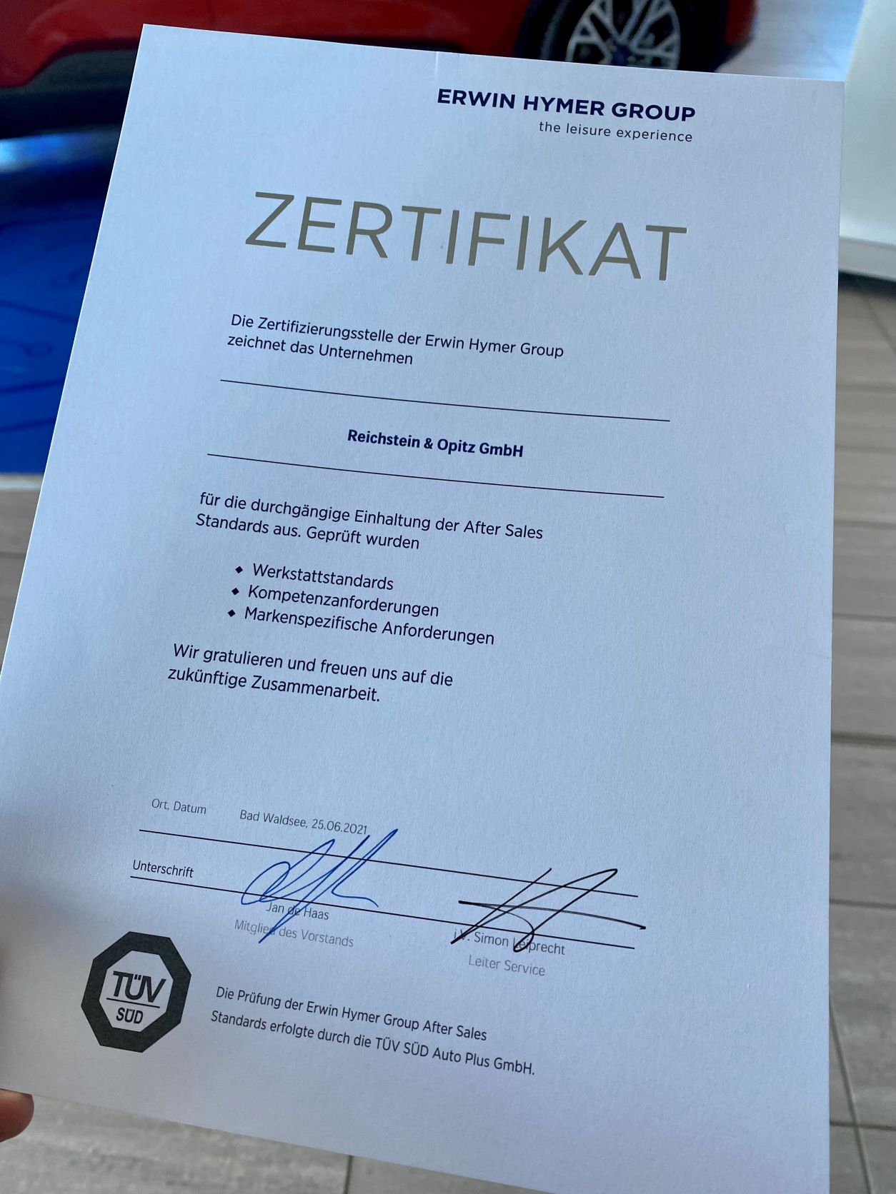 Reichstein & Opitz erfolgreich von der Erwin Hymer Group zertifiziert