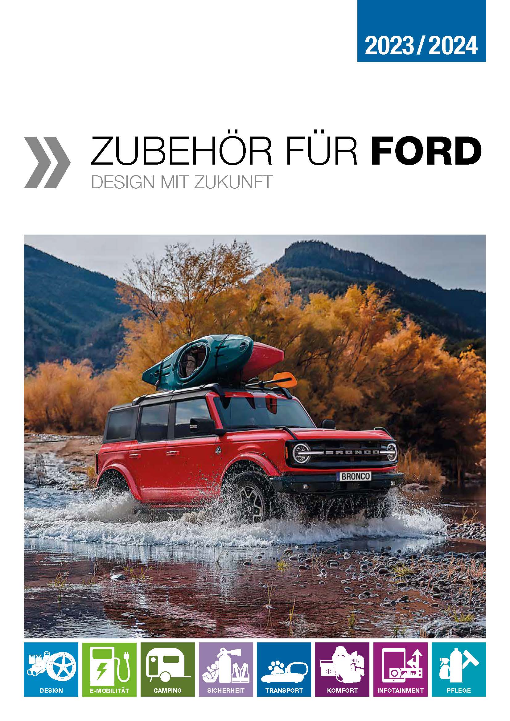 zu sehen ist ein roter Ford Bronco fahrend im Wasser. Im Hintergrund sind Berge und orangefarbende Büsche zu erkennen. Bild Text: Zubehör für Ford Design mit Zukunft